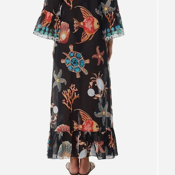 RANEES STARFISH RUFFLE DUSTER IN BLACK; One Size Fits Most,Size:Os P - Picture 4 of 12